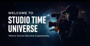 Studio Time Universe header with videographer and cinematic background